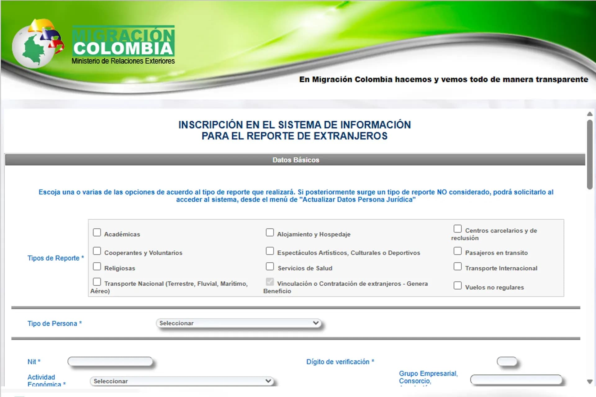 Registro SIRE migración Colombia - formulario